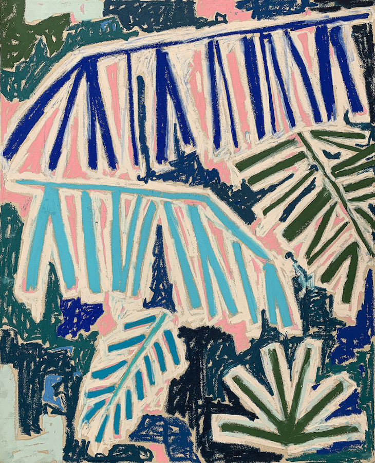 Emma O'Hara: Trickling pink, oil pastel & oil bar on BFK mounted on board, 70 x 60cm | Emma O’Hara: Strangers we will stay | Saturday 4 March  – Saturday 1 April 2023 | SO Fine Art Editions | Image: Emma O'Hara: Trickling pink, oil pastel & oil bar on BFK mounted on board, 70 x 60cm – leaves of tropical plants in Malaysian jungle 