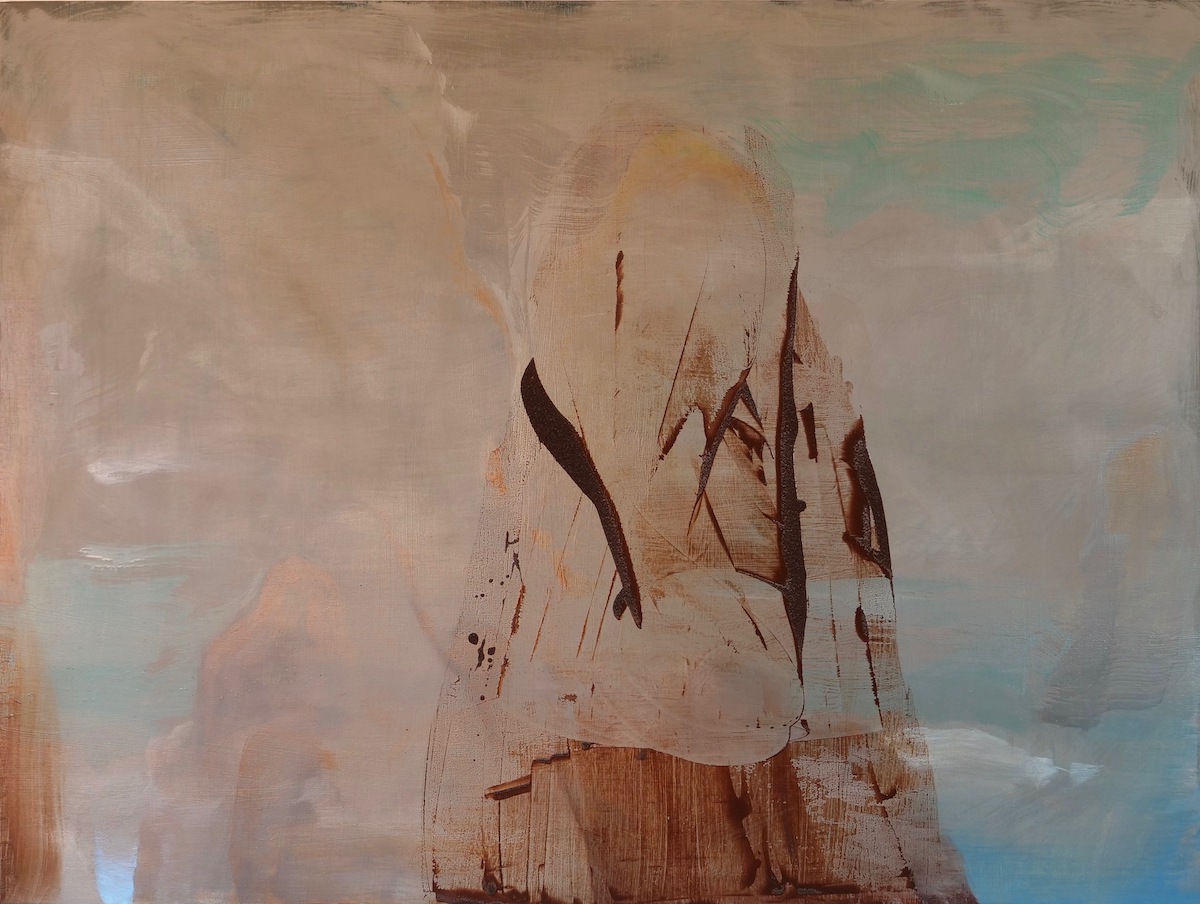 Robert Armstrong, Mountain, After Mountain, 2022, oil on linen, 90 x 120 cm | Robert Armstrong: After Mountains, More Mountains | Thursday 30 March  – Saturday 22 April 2023 | Kevin Kavanagh | Image: Robert Armstrong, Mountain, After Mountain, 2022, oil on linen, 90 x 120 cm – painting in loose, semi-abstract style suggesting a tall, thin mountain 