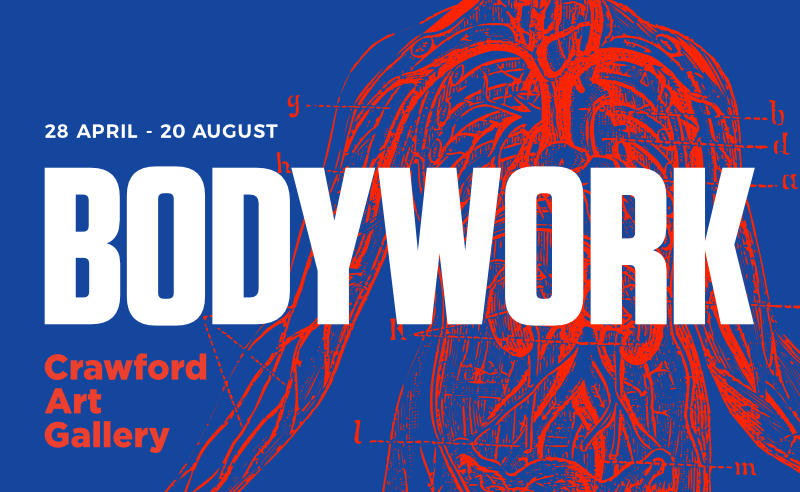Bodywork | Friday 28 April  – Sunday 20 August 2023 | Crawford Art Gallery | Image: deep-blue background overlaid with torso and arms of a human, showing 'x-ray' rendition the circulatory system in strong red; title of the show, with dates and gallery name, overlaid in turn 