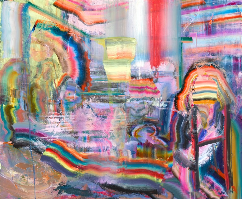 Diana Copperwhite: Onomatopoeia, 2021, oil on canvas, 150 x 180cm; courtesy the artist and Kevin Kavanagh Gallery | Diana Copperwhite: Onomatopoeia | Thursday 27 April  – Sunday 25 June 2023 | Limerick City Gallery | Image: Diana Copperwhite: Onomatopoeia, 2021, oil on canvas, 150 x 180cm; courtesy the artist and Kevin Kavanagh Gallery – abstract work, very painterly, rainbow coloration 