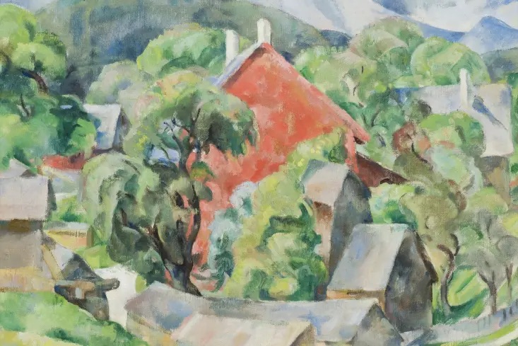 Mary Swanzy, Landscape with Red Gable, 1920s | Picturing the Irish Free State |   | Hugh Lane Gallery | Image: Mary Swanzy, Landscape with Red Gable, 1920s – a painting in the style of Cézanne; we see the red gable of a house in a landscape of smaller house-shapes, trees and hills 