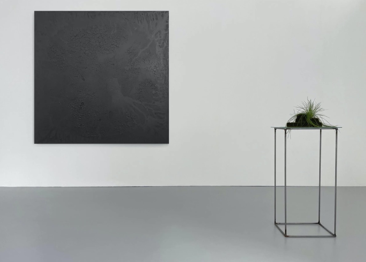 Grad Award Exhibition | Roots | Saturday 29 April  – Sunday 28 May 2023 | GOMA Gallery of Modern Art | Image: small plant on a pedestal towards bottom right, with very dark, large square painting on the wall, occupying the left half of the photo; gallery space 