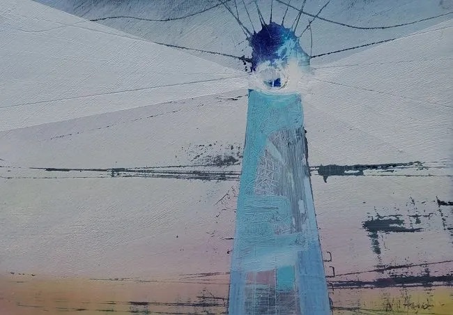 Nickie Hayden, Blue Web Spreading, oil on board with pencil and transfer print, 18x12cm | Nickie Hayden: Safe Harbour,  with Robert Russell | Sunday 9 April  – Sunday 7 May 2023 | Olivier Cornet Gallery | Image: Nickie Hayden, Blue Web Spreading, oil on board with pencil and transfer print, 18x12cm – a blue lighthouse with its beams spreading to the left and right; abstracted background  