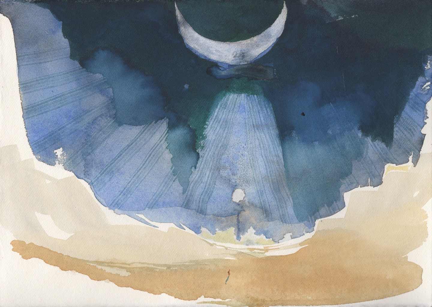 David Begley, Aed’s Vision, 2023, alder cone with watercolour on Fabriano Tiepolo, 20 x 25cm. | Sift | Monday 17 April  – Friday 19 May 2023 |  | Image: David Begley, Aed’s Vision, 2023, alder cone with watercolour on Fabriano Tiepolo, 20 x 25cm – what seems to be a crescent moon is top centre, shining some light downwards into what may be a valley 