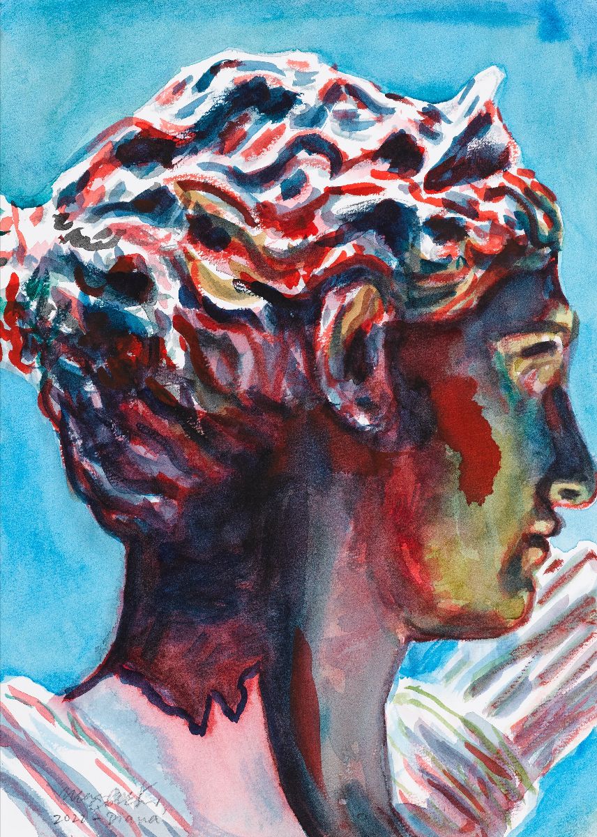 Margaret Corcoran, Diana, 2022, watercolour on paper, 46 x 38 cm (framed) | Margaret Corcoran: Goddesses & Icons | Thursday 27 April  – Saturday 20 May 2023 | Kevin Kavanagh | Image: Margaret Corcoran, Diana, 2022, watercolour on paper, 46 x 38 cm (framed) – head of the goddess Diana painted in vivid colours against a bright-blue background; she is looking to her left, and we see her quiver full of arrows behind her left shoulder 