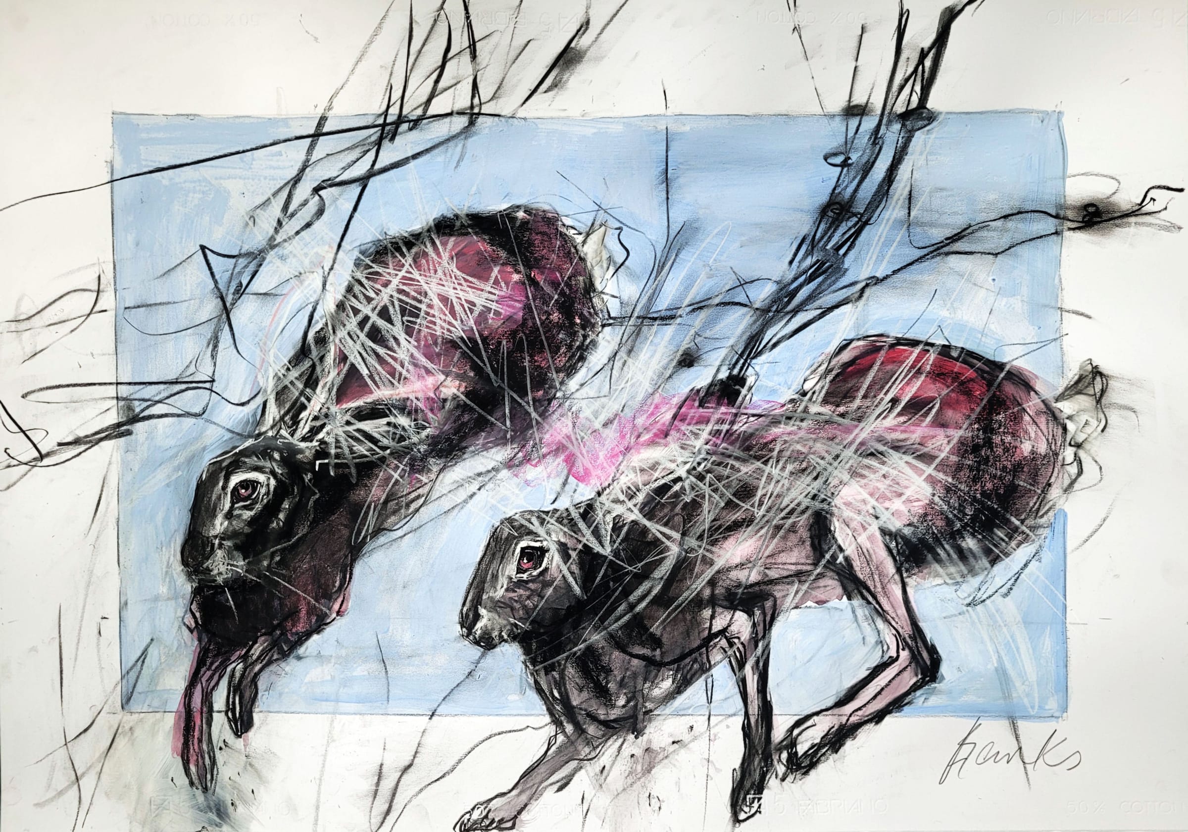 Margo Banks: New Hares in the Field, 70 x 100cm, mixed media on paper | Spring Group Exhibition | Thursday 6 April  – Saturday 29 April 2023 | Solomon Fine Art | Image: Margo Banks: New Hares in the Field, 70 x 100cm, mixed media on paper – realistic drawing of two lively hares against a blue-ish rectangle and marks suggestive of branches / foliage 