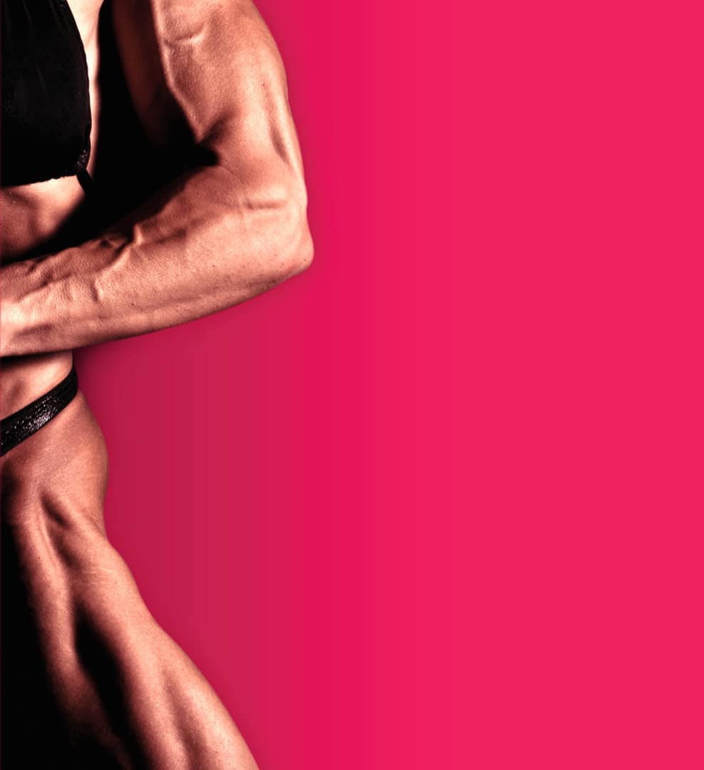 Anna Furse: muscle: a question of power | Friday 28 April  – Sunday 20 August 2023 | Crawford Art Gallery | Image: strong magenta background; to the left, we partially see, photographed, the muscular arm and leg of (probably) a female body-builder 