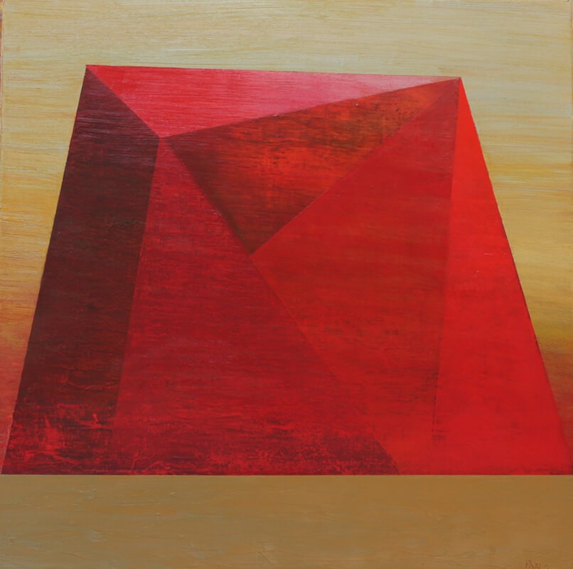 Padraig Parle, Meridian, Oil on Canvas, framed size: 53h x 53w cm | Padraig Parle: Beneath the Surface | Saturday 8 April  – Saturday 29 April 2023 | SO Fine Art Editions | Image: Padraig Parle, Meridian, Oil on Canvas, framed size: 53h x 53w cm – red geometrical, faceted shape, reminiscent of an iceberg 