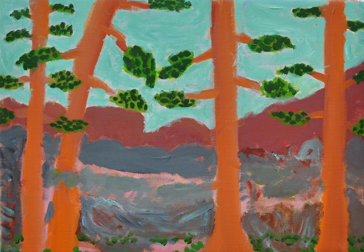 Peter Cleary: Turquoise Sea, 2023, oil on linen, 36 x 52cm | Peter Cleary: Deer Lollipops | Thursday 4 May  – Saturday 3 June 2023 | Hillsboro Fine Art | Image: Peter Cleary: Turquoise Sea, 2023, oil on linen, 36 x 52cm – landscape of simplified shapes and heightened colour; we see a sea, and possibly hills behind, viewed through the orange trunks of four trees, probably pines 