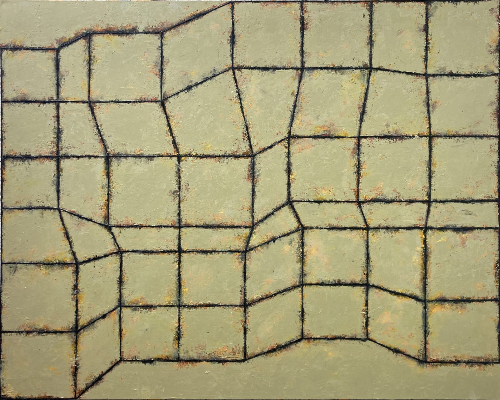 Charles Tyrrell: CG2.25, 2025, oil on canvas,
160 x 200 cm | Charles Tyrrell: Matters Arising | Friday 5 September  – Saturday 4 October 2025 | Taylor Galleries | Image: Charles Tyrrell: CG2.25, 2025, oil on canvas, 160 x 200 cm | warped mesh in black on a textured pale-olive background with hints of red, yellow, etc.; painterly