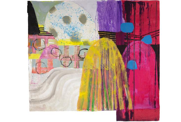 Eamon Colman, Echoes from Time, 2022-2023. Mixed media on 360 gram Awagami paper, 300 x 300 cm. © Eamon Colman. Courtesy the artist. Photography Anthony Hobbs. | Eamon Colman: Twenty Eight Acres | Saturday 10 June  – Sunday 30 July 2023 | Butler Gallery | Image: Eamon Colman, Echoes from Time, 2022-2023. Mixed media on 360 gram Awagami paper, 300 x 300 cm. © Eamon Colman. Courtesy the artist. Photography Anthony Hobbs. – lively, colourful artwork, mostly abstract; suggestion of mounds, or even (people dressed up as) ghosts (due to shoots over their heads); format almost square – there seems to be a rectangular chunk missing bottom left  