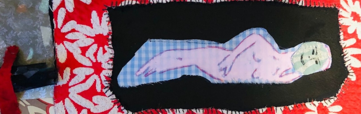 Margaret Fitzgibbon: You Begin | Saturday 20 May  – Saturday 1 July 2023 | Mermaid Arts Centre | Image (photo): drawn or painted onto a piece of chequered blue/white fabric roughly shaped to her shape, we see a horizontal mermaid's pink body; her head is pale green and smiling; it's sown on separately, in the correct position; there is a layering of patterned fabrics 