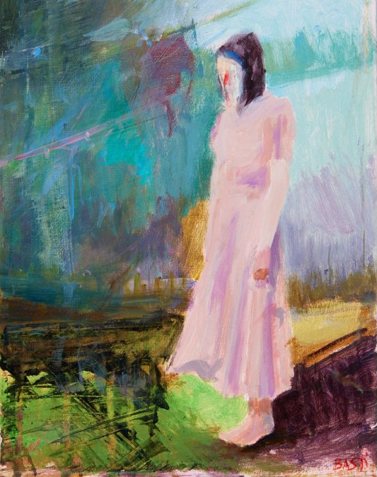 Zsolt Basti, Model Making, 2023, Acrylic on canvas, 30 x 23cm, Image courtesy of the artist. | 193rd RHA Annual Exhibition | Monday 22 May  – Sunday 30 July 2023 | Royal Hibernian Academy | Image: Zsolt Basti, Model Making, 2023, acrylic on canvas, 30 x 23cm, image courtesy of the artist –  figure loosely depicted in swift brushstrokes, wearing a pink dress; strikingly red nose; background sketched in roughly, approximating a landscape which is mostly sky 