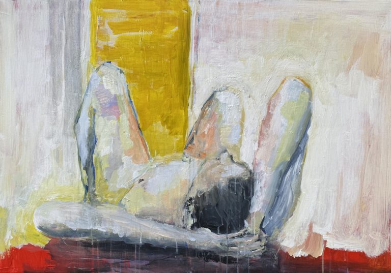 Ciaran Magill: Upside Down | Thursday 4 May  – Friday 9 June 2023 | Atypical Gallery | Image: painting of a reclining nude, realistically depicted, head closest to us, legs farthest, knees bent, right elbow raised; in the background is a partially occluded rectangle of strong orange-yellow 