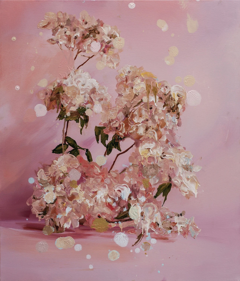 Melissa O'Donnell: Meditative Hydrangeas, 2023, Oil on Canvas, 70 x 60cm | Melissa O’Donnell: Beautiful Decay | Thursday 4 May  – Saturday 27 May 2023 | Solomon Fine Art | Image: Melissa O'Donnell: Meditative Hydrangeas, 2023, Oil on Canvas, 70 x 60cm – very pink overall; fading hydrangeas against a pink background; circular, pale spots of various sizes, like motes or confetti or raindrops, partially obscure the plant; the leaves are bent from lack of water  