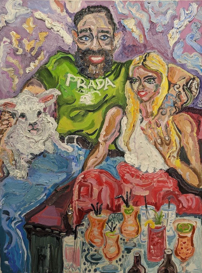 Sheila Rennick, Little Lamb, Oil on canvas, 80 x 60 cm, 2022 | Sheila Rennick: Bang It Out | Thursday 25 May  – Saturday 17 June 2023 | Kevin Kavanagh | Image: Sheila Rennick, Little Lamb, Oil on canvas, 80 x 60 cm, 2022 – heavily impastoed painting of a couple in front of a table laden with cocktails; the bearded figure, sporting a green Prada top, has a lamb on right thigh and tattoos on left forearm; other figure has long blond hair, sleeveless white top and pink skirt 