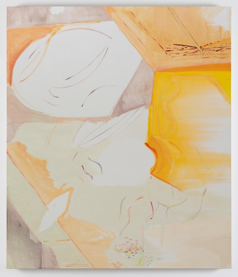 Victoria Morton, Reclining, 2023, oil on canvas, 213 x 182.3 cm / 83.9 x 71.8 in | Victoria Morton and Merlin James: Double Shuffle | Friday 2 June  – Saturday 8 July 2023 | Kerlin Gallery | Image: Victoria Morton, Reclining, 2023, oil on canvas, 213 x 182.3 cm / 83.9 x 71.8 in – strongest colours are pale orange and yellow-orange; what could be interpreted as two heads, though only partial; possible book towards top right, though with a strange inward-curving corner 