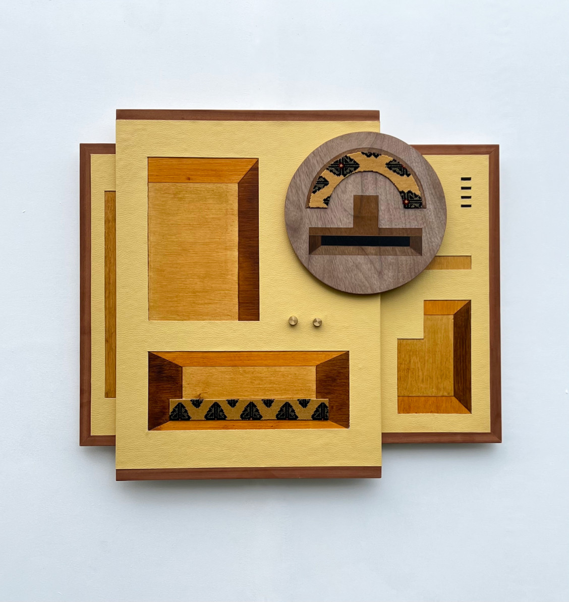 Hazel O’Sullivan: Device Untitled II | Hazel O’Sullivan: Harvest Gold | Saturday 1 July  – Saturday 16 September 2023 | Solstice Arts Centre | Image:  Hazel O’Sullivan: Device Untitled II – shapes cut in flat wood and assembled to resemble, somewhat, an old radio or similar device 