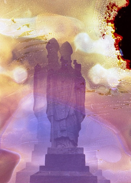 Eva Carolan: somewhere somehow 2 | CEAD Works: 120 artists, 320 artworks | Friday 30 June  – Thursday 6 July 2023 |  | Image: Eva Carolan: somewhere somehow 2 – distressed double-exposure photo of St Patrick holding a shamrock (probably) 