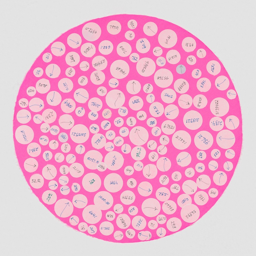 Howardena Pindell, Untitled, 2021, Handmade abaca paper and ink, 30.5 x 30.5 cm. Courtesy of the artist, Garth Greenan Gallery, New York, and Victoria Miro, London. Made in collaboration with Dieu Donné, New York. | Howardena Pindell: A Renewed Language | Friday 30 June  – Monday 30 October 2023 | IMMA | Image: Howardena Pindell, Untitled, 2021, Handmade abaca paper and ink, 30.5 x 30.5 cm. Courtesy of the artist, Garth Greenan Gallery, New York, and Victoria Miro, London. Made in collaboration with Dieu Donné, New York | we see a large circle of saturated pink against a white background; possibly up to 200 small, white, somewhat translucent circular stickers of various sizes have been applied onto the pink circle, covering it evenly in what may be a random pattern; the overall effect is somewhat like looking from above at a petri dish; some of the stickers have arrows on them, drawn in pen, while most have numbers on them, possibly drawn from some reference system, again written in pen; the orientation of the stickers follows no obvious plan 