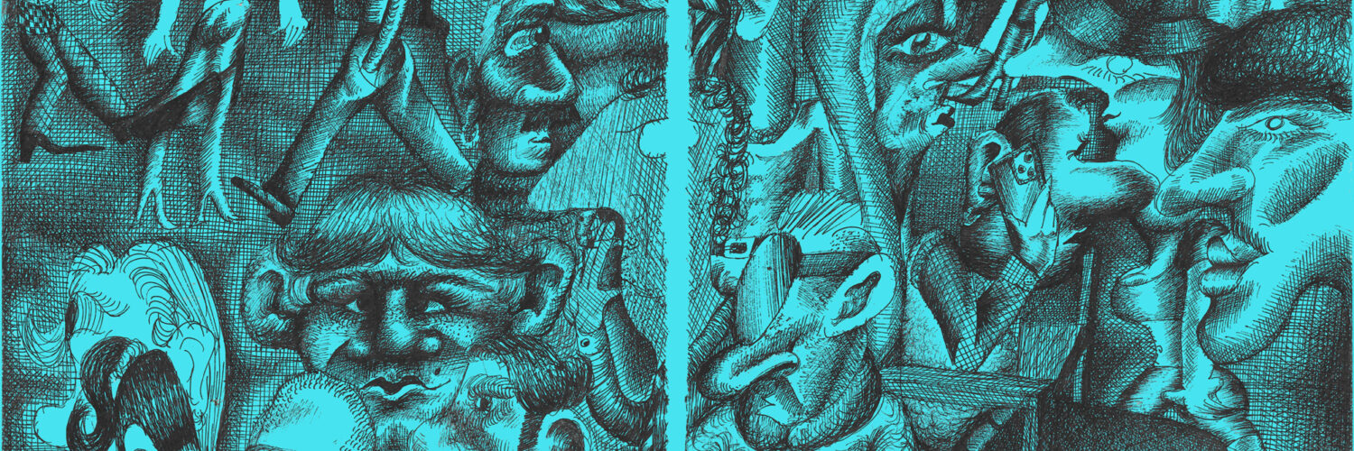 Suds McKenna, a familiar plough into the knot of a tie (2022). Ink on paper. Courtesy the artist | Michaela Nash, Yarli Allison, Suds McKenna: SAM’S EDEN | Saturday 1 July  – Saturday 9 September 2023 | CCA | Image: Suds McKenna, a familiar plough into the knot of a tie (2022). Ink on paper. Courtesy the artist –  distorted human figures drawn on aquamarine paper; one is holding a mobile phone to ear 