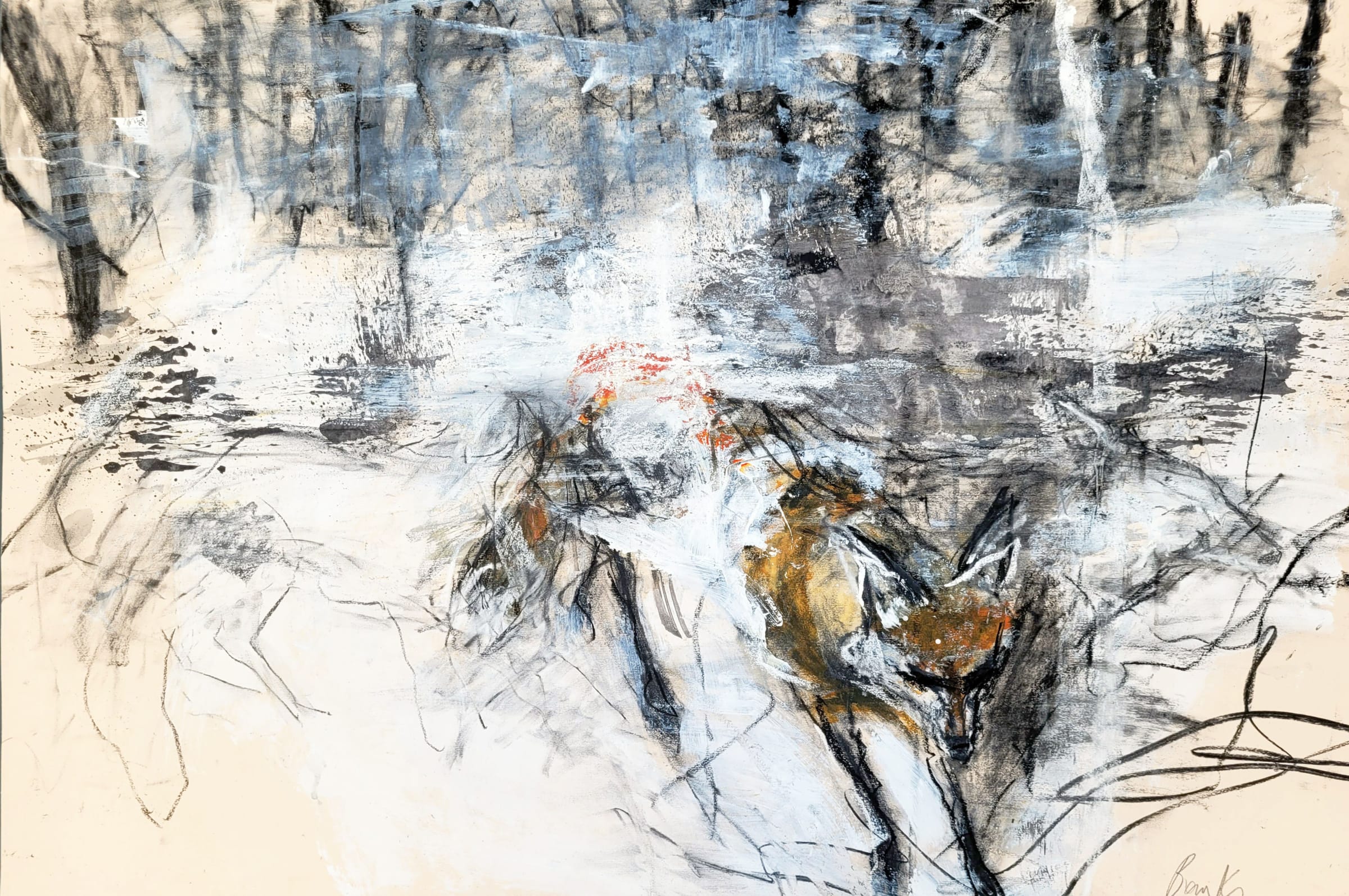 Margo Banks: Eternity is a possibility, 70 x 100cm, mixed media on paper | Margo Banks: Crow Voice, Fox Voice … Wolf Voice | Thursday 29 June  – Saturday 22 July 2023 | Solomon Fine Art | Image: Margo Banks: Eternity is a possibility, 70 x 100cm, mixed media on paper – very dynamic, somewhat palimpsest-like sketch of a fox with charcoal depiction of a forest in the background, all against a cream-coloured background 