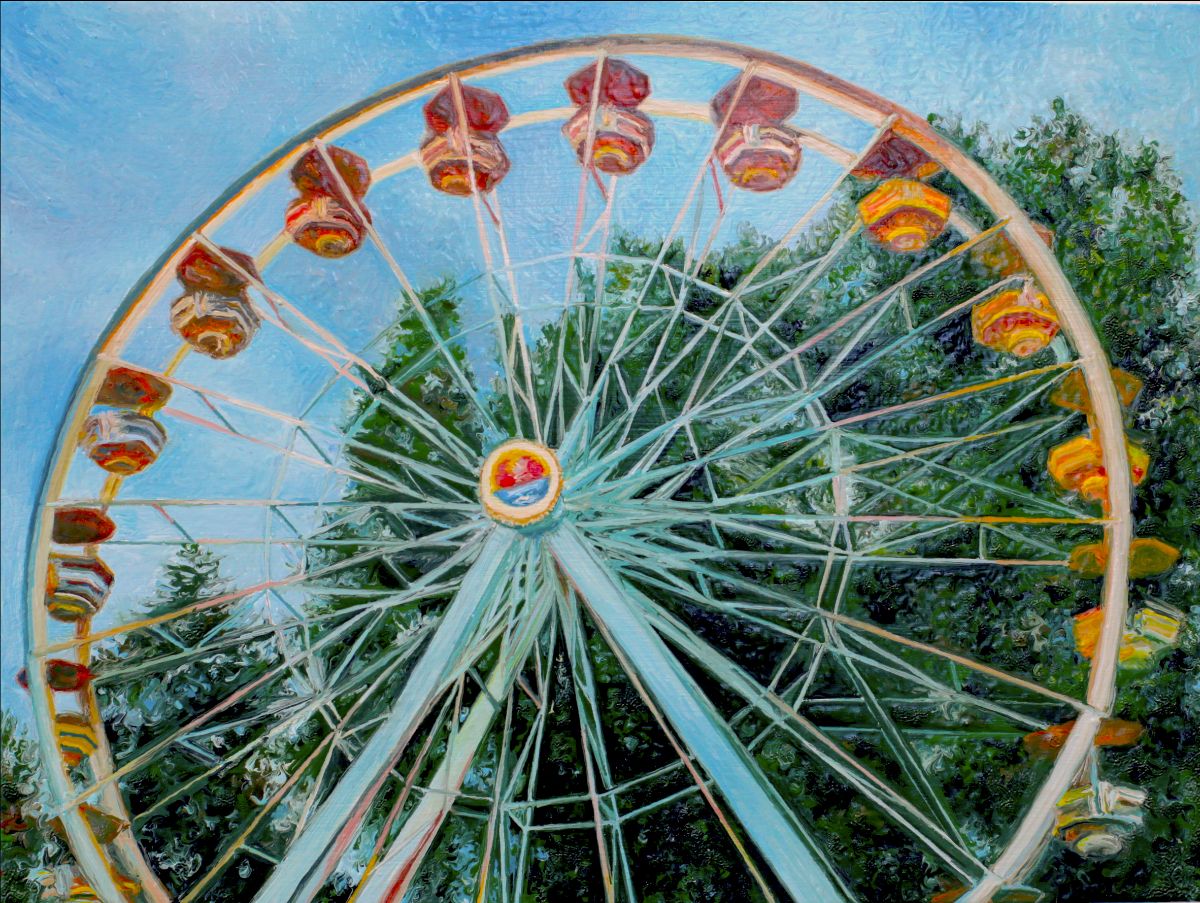 Paul McKinley: POMEGRANATE | Thursday 22 June  – Saturday 15 July 2023 | Kevin Kavanagh | Image: Paul McKinley, Zazai Park, 2023, oil on panel, 21 x 28 cm – painting of a ferris wheel viewed from ground level, against dark-green trees and a misty-blue sky; the seats look more like Chinese lanterns; cheerful palette 