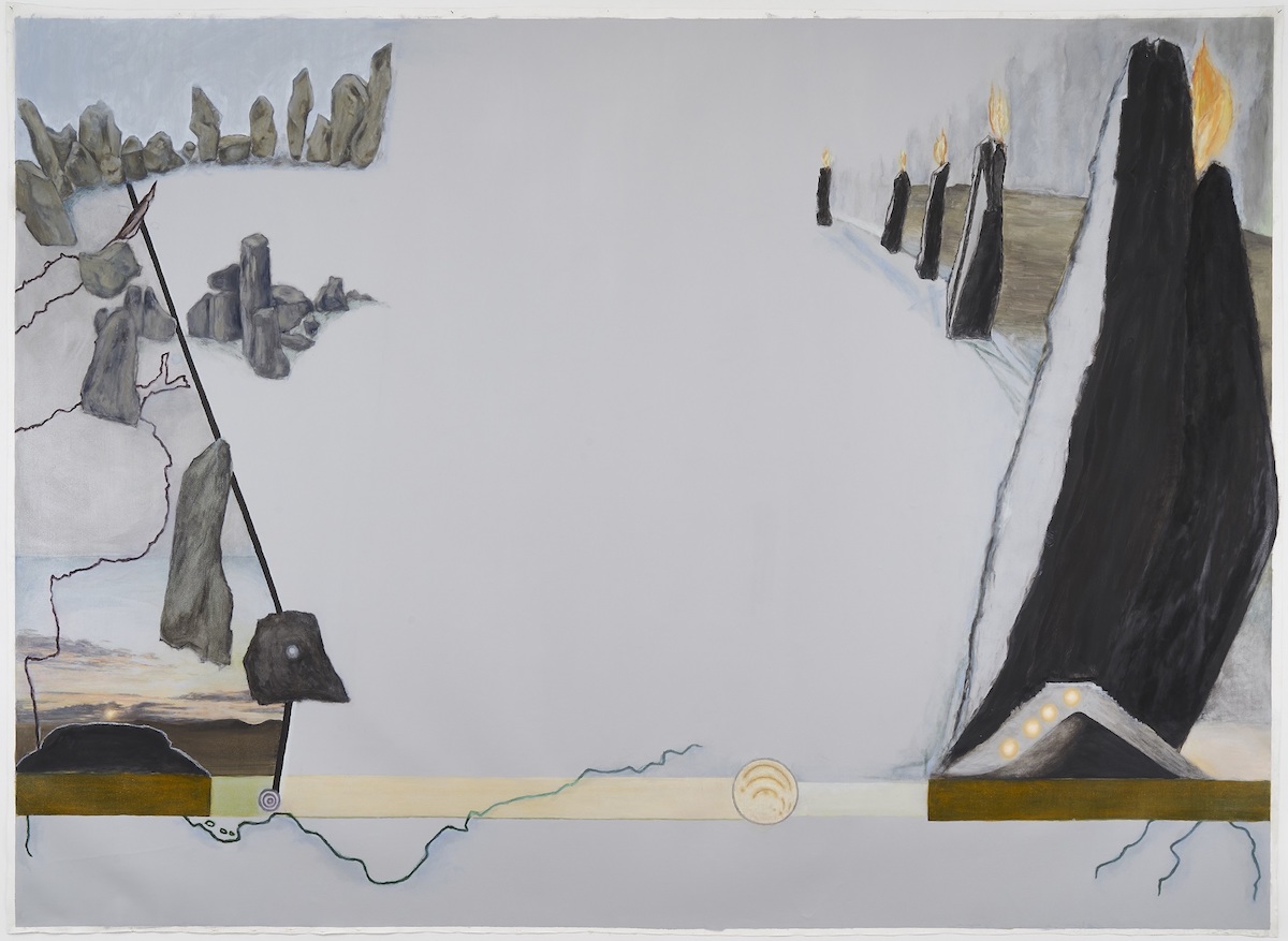 Jo Baer, Dusk (Bands and End-Points), 2012, oil on canvas | Coming Home Late: Jo Baer in the Land of the Giants | Thursday 24 August 2023  – Sunday 21 January 2024 | IMMA | Image: Jo Baer, Dusk (Bands and End-Points), 2012, oil on canvas – part map, part landscape, part collage; left and write are (drawn) stones that look like menhirs; the ones on the right have flames coming from their tops; there's what seems to be the map of a river bottom and left; there are two inserted landscapes towards the bottom, both of mounds, though the left one also shows a sunrise / sunset among clouds and low hills 