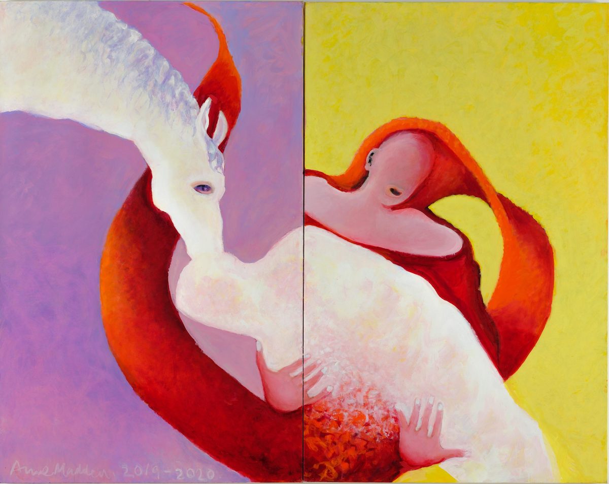 Anne Madden, Antigone buries her brother, 2020-21, oil on canvas, 150 x 200 cm; courtesy the artist  | Anne Madden: Seven Paintings | Thursday 24 August 2023  – Sunday 21 January 2024 | IMMA | Image: Anne Madden, Antigone buries her brother, 2020-21, oil on canvas, 150 x 200 cm; courtesy the artist – a painting in two panels abutting each other; the left-hand one has a purplish background textured by strokes; the right-hand background is similarly painted, but a strong yellow; across both panels we see Antigone (presumably) holding the shrouded-in-white body of her brother; Antigone’s orange hair is extremely long and flows rightwards on the right-hand panel before looping down and across onto the left-hand panel; a white horse leans in in profile from the top left of the left-hand panel and its mouth reaches to the wrapped head of Antigone’s brother 