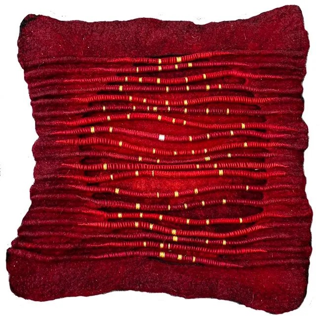 Annika Berglund, Information Networks I, wet felted Merino wool, cotton thread, 14k gold plated silk thread and silver plated silk thread, mounted on a wooden frame, 45 x 46cm | My Favourite Artwork at The Olivier Cornet Gallery | Thursday 13 July  – Thursday 7 September 2023 | Olivier Cornet Gallery | Image: Annika Berglund, Information Networks I, wet felted Merino wool, cotton thread, 14k gold plated silk thread and silver plated silk thread, mounted on a wooden frame, 45 x 46cm | the artwork has the appearance of a burgundy-red cushion, into the surface of which a circular hole has been cut, through which we see more of the same red, velvety material; thick strands of wool – probably – cross left to right and over the hole; these strands have their own bands, which run vertically, some a bright red, some a yellow-ish white 