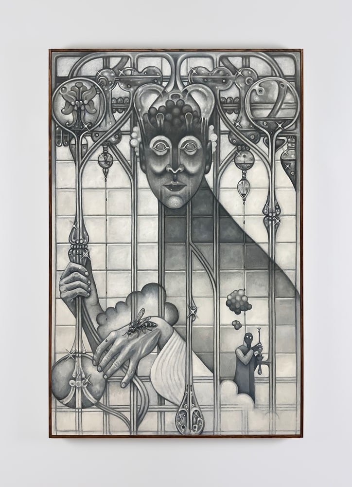 Justin Fitzpatrick, Thynnine Wasp Pheromones, 2023, oil on linen, oak artist frame (pinned), 140 x 90 cm | HERE COMES LOVE | Friday 14 July  – Saturday 19 August 2023 | Kerlin Gallery | Image: Justin Fitzpatrick, Thynnine Wasp Pheromones, 2023, oil on linen, oak artist frame (pinned), 140 x 90 cm – more or less greyscale painting with a sort of Art Deco / Art Nouveau vibe; a figure somewhat resembling the android in Metropolis is looking at the viewer; the face is very much towards the top of the composition, in the middle, the right hand is holding part of the metalwork (if that’s what it is), while a wasp is resting on the left hand which is closer to the viewer, in the bottom-left quadrant; there’s a small figure embedded in the foreground space, possibly wearing a mask and doing something vaguely alchemical 