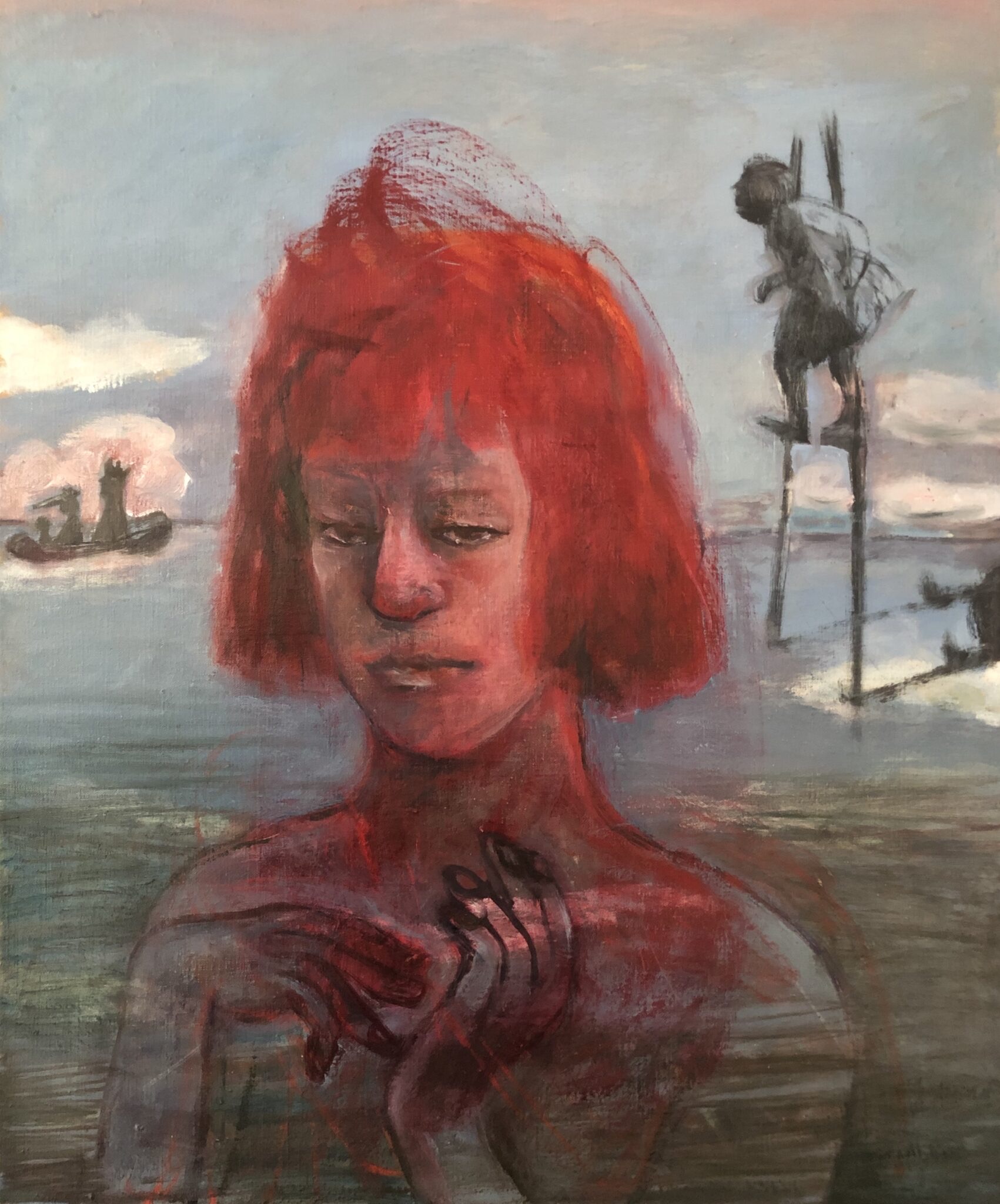Marcelle Hanselaar: Cumulus, oil on canvas, 2020, 61 x 51 cm | Gallery & Invited Artists | Thursday 13 July  – Friday 15 September 2023 | Hillsboro Fine Art | Image: Marcelle Hanselaar: Cumulus, oil on canvas, 2020, 61 x 51 cm – painting of a redheaded figure, of red complexion, possibly in water from shoulders down; behind to the left is an oddly-shaped boat, and to the right a figure on stilts with a strong shadow, heading in the direction of the boat; farther off are clouds and the sea's horizon 