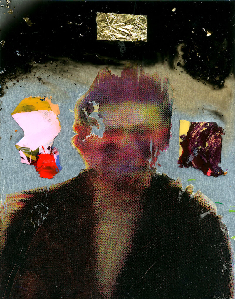 James McLoughlin (NCAD), Farmer, Aluminium substrate with Screenprint, Acrylic paint, ink, metal gold leaf fragments, soil and resin, Size 25h x 20w | Decennium – Celebrating a decade of SO Fine Art Editions | Thursday 27 July  – Friday 18 August 2023 | SO Fine Art Editions | Image: James McLoughlin, Farmer, Aluminium substrate with screenprint, acrylic paint, ink, metal gold leaf fragments, soil and resin, Size 25h x 20w –  a portrait, sort of: there is a figure in the usual portrait positoin, but the paint / ink is blurred; the surface appears to have been peeled or ripped back, but other pieces of material, including gold leaf (?) have been pasted on, possibly; there is a very dark ‘cloud’ across the top of the work 