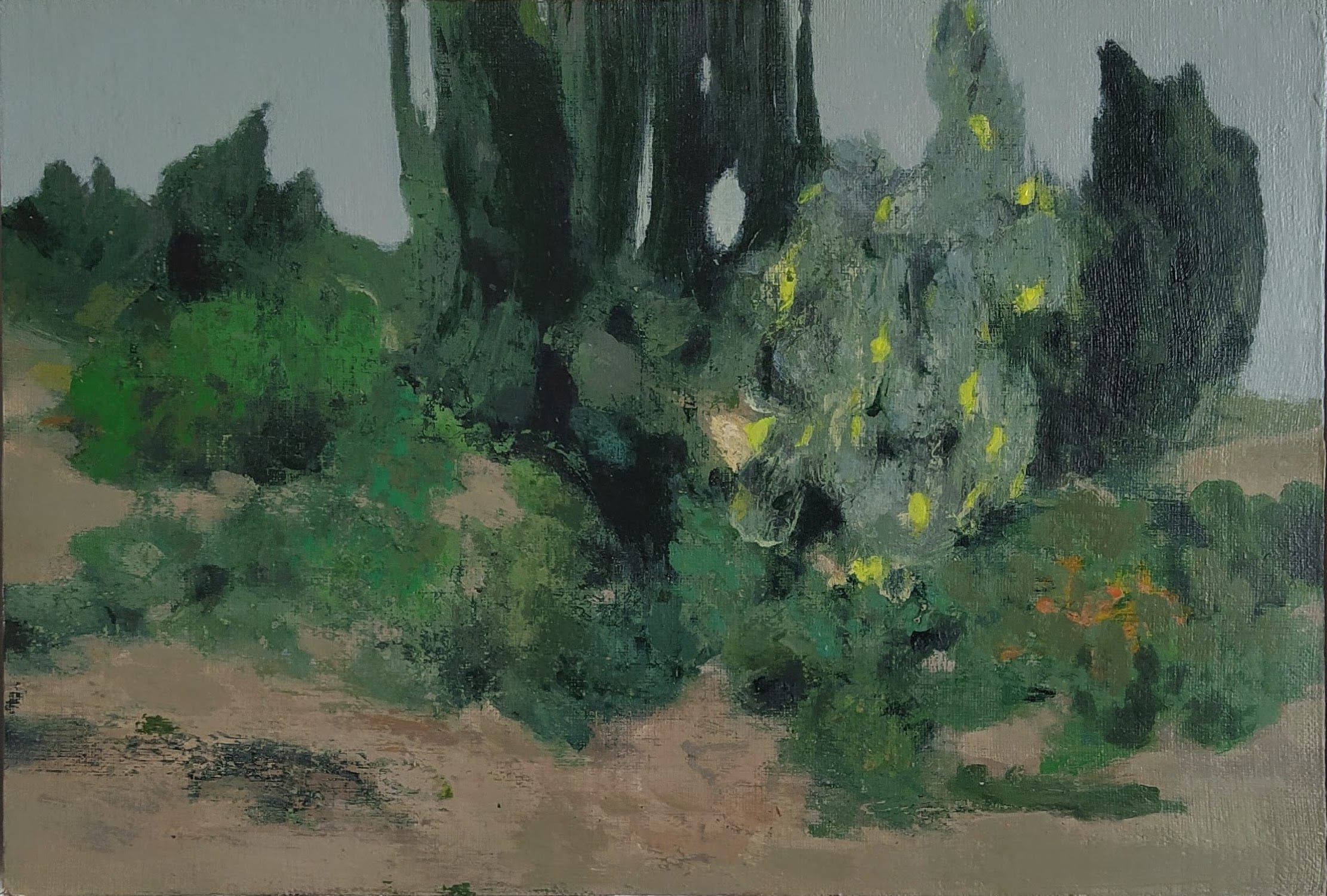 Clifford Collie: Monegros II Spain, acrylic on board, 35 X 24cm, 2023 | Summer Group Exhibition | Thursday 27 July  – Saturday 26 August 2023 | Solomon Fine Art | Image: Clifford Collie: Monegros II Spain, acrylic on board, 35 X 24cm, 2023 – trees and bushes in what appears to be an arid landscape; style suggests impasto; the sky behind is a uniform mid-grey 