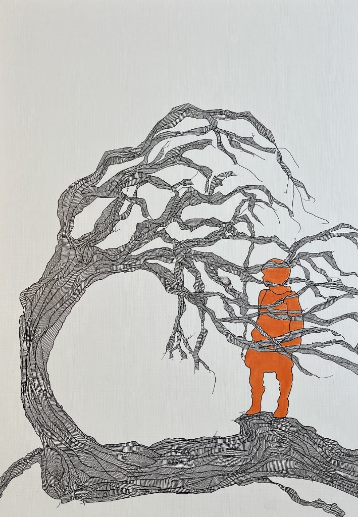 Jacqueline Nicholson: Grounded 1, watercolour and pen on textured paper, 56 x 45cm | Jacqueline Nicholson: Mark Making | Monday 24 July  – Sunday 27 August 2023 |  | Image: Jacqueline Nicholson: Grounded 1, watercolour and pen on textured paper, 56 x 45cm – what looks like the silhouette of a child (though with single lines indicating the arms), entirely in orange, standing on the thick horizontal branch of a gnarled tree; the branch, in thicker lines and thinner cross-hatching, bends upwards and smaller branches look menacing as they bend towards and criss-cross the form of the child; the background is a pale grey 