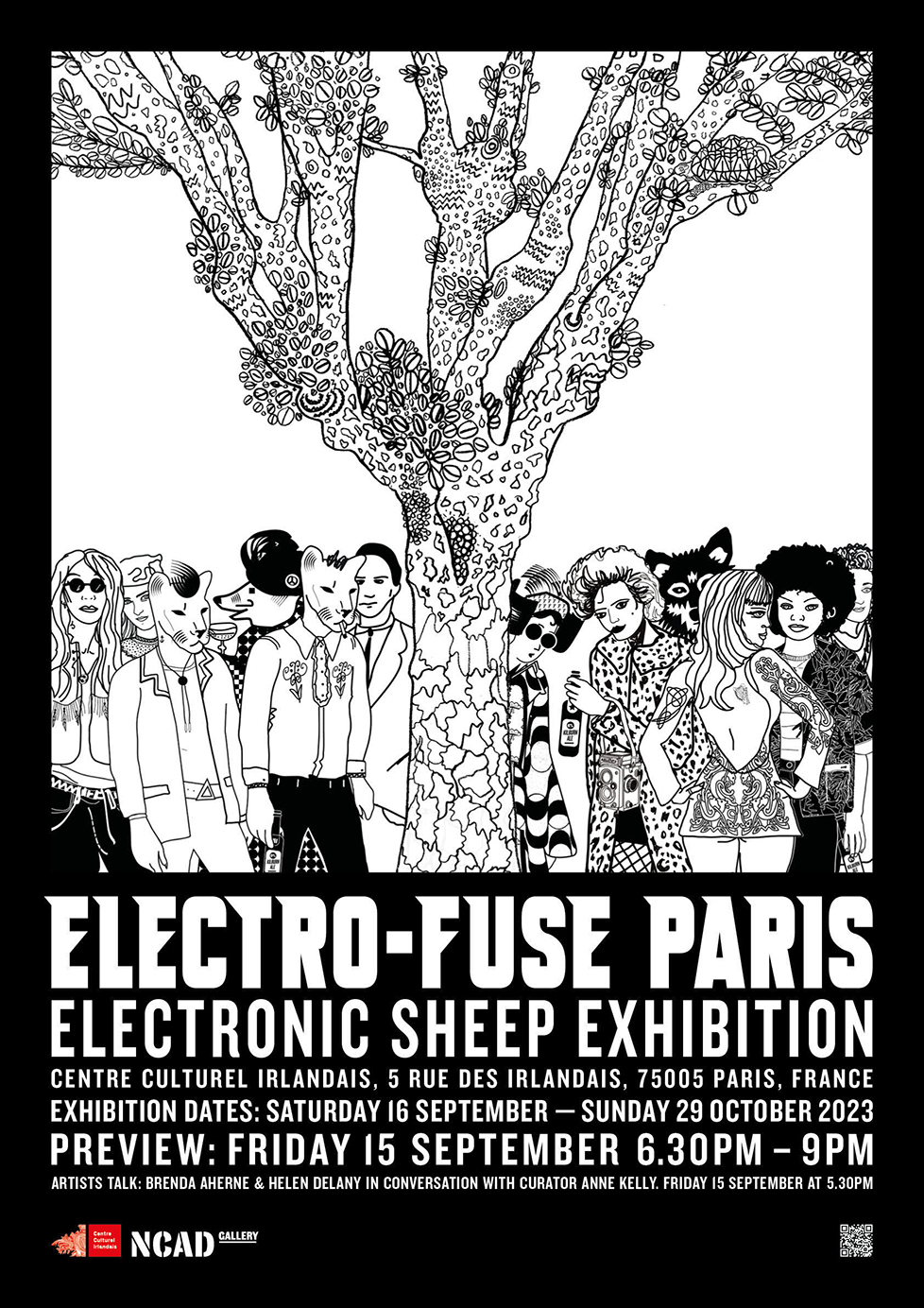 ELECTO-FUSE Paris | Electronic Sheep | Saturday 16 September  – Sunday 29 October 2023 |  | Image: old-style, black-and-white poster (except for one logo); effectively a line drawing, though with some black-filled elements; we see a tree in the middle of the scene with its sparsely leaved branches spreading out over the heads of group of maybe 12 youngish-looking people all looking towards us; they are in party-going gear (probably), and four of them are wearing full-head masks – two feline, one rattih, one canine 