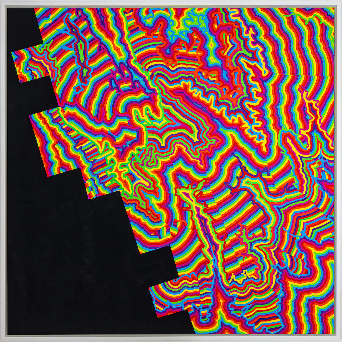 Alan Butler, Acrophobia for Chromaphiles (Bliss, Sonoma County, California, During 2018 Wildfires v1) detail, 2023, Paint on cotton mounted on dibond and framed, 130 x 130cm. Image courtesy of the artist and Green on Red Gallery, Dublin | Alan Butler: We are now in the mountains, and they are in us | Friday 25 August  – Sunday 1 October 2023 | Royal Hibernian Academy | Image: Alan Butler, Acrophobia for Chromaphiles (Bliss, Sonoma County, California, During 2018 Wildfires v1) detail, 2023, Paint on cotton mounted on dibond and framed, 130 x 130cm. Image courtesy of the artist and Green on Red Gallery, Dublin – psychedelia-like square artwork; most of the surface is covered by flat, curving, semi-organic bands of very strong primary and secondary colours, somewhat Mandelbrot; but from the bottom left, a boxy black shape eats into the colours 