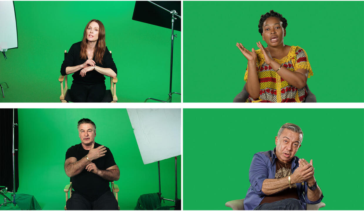 Candice Breitz. Stills from Love Story, 2016, featuring Julianne Moore and Alec Baldwin. Interviewees: Mamy Maloba Langa and Luis Ernesto Nava Molero. 7-Channel Installation: 7 Hard Drives. Commissioned by the National Gallery of Victoria (Melbourne), Outset Germany (Berlin) and the Medienboard Berlin-Brandenburg. | Candice Breitz: Love Story | Friday 25 August  – Saturday 11 November 2023 | Rua Red | Image: Candice Breitz. Stills from Love Story, 2016, featuring Julianne Moore and Alec Baldwin. Interviewees: Mamy Maloba Langa and Luis Ernesto Nava Molero. 7-Channel Installation: 7 Hard Drives. Commissioned by the National Gallery of Victoria (Melbourne), Outset Germany (Berlin) and the Medienboard Berlin-Brandenburg – there are four sub-images in a 2 x 2 grid; in the two on the left we see the individual actors, in the two on the right, two of the refuges (named in the caption); in each case the person is seated against a ‘green screen’ background; in the two on the left we also see other paraphernalia; all four are gesturing, presumably as they talk 