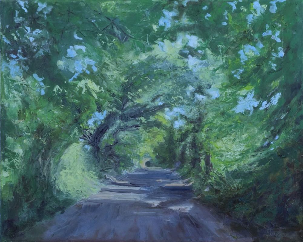 Inga Ryan: A Sense of Connection | Friday 25 August  – Sunday 10 September 2023 |  | Image: a painting, in oils, of a rural road, seen from the centre of that road as it converges into the distance; there is strong sunshine coming from the right, casting shadows of trees across the road; the style employs an energetic impasto, with a palette of pale yellow-green through to darker green, also reddish and blue-ish brown, dashes of near-white and some near-black 