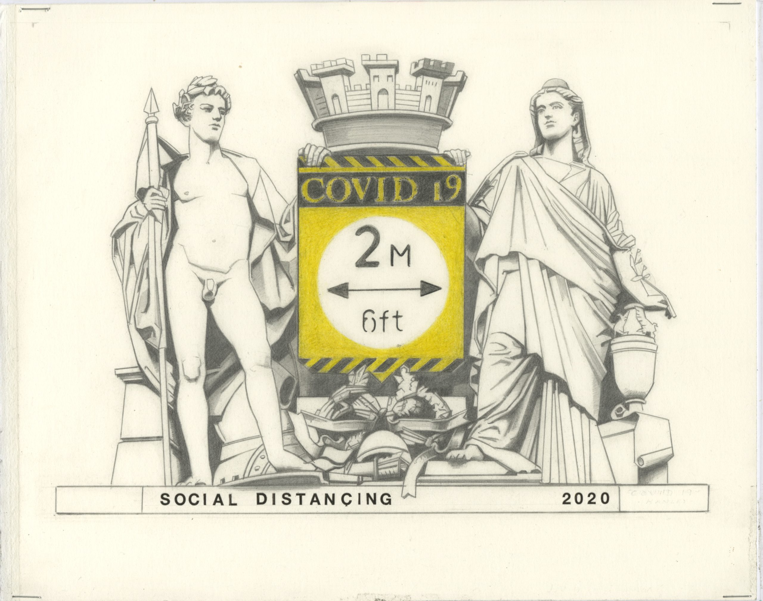 James Hanley RHA, Covid, 2023, Graphite and letraset on fabriano, 23 x 31cm, Image courtesy of the artist | James Hanley RHA: Recast | Friday 25 August  – Sunday 1 October 2023 | Royal Hibernian Academy | Image: James Hanley RHA, Covid, 2023, Graphite and letraset on fabriano, 23 x 31cm, Image courtesy of the artist – a drawing of two statues which are in the classical style, mostly-naked figure to the left, holding a spear in the right hand, and clothed figure to the right; they hold between them a ‘Covid 19’ sign which is black, white, and mostly yellow, with a two-headed arrow with metric and imperial measurements, all to the effect that we maintain two-metre ‘social distancing’  
