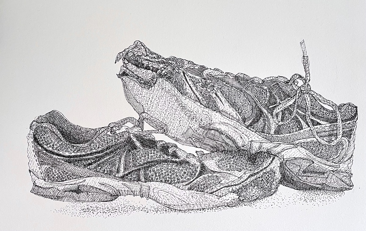 Christina Todesco-Kelly: etching from the series These Shoes are Made for Drawing | Christina Todesco-Kelly: These Shoes are Made for Drawing | Friday 4 August  – Sunday 10 September 2023 |  | Image: black-ink-on-white etching of two kid's shoes (‘runners’), viewed from the side, with the farther shoe resting on the nearer one; the farther shoe’s toe end is a burst-open mess 