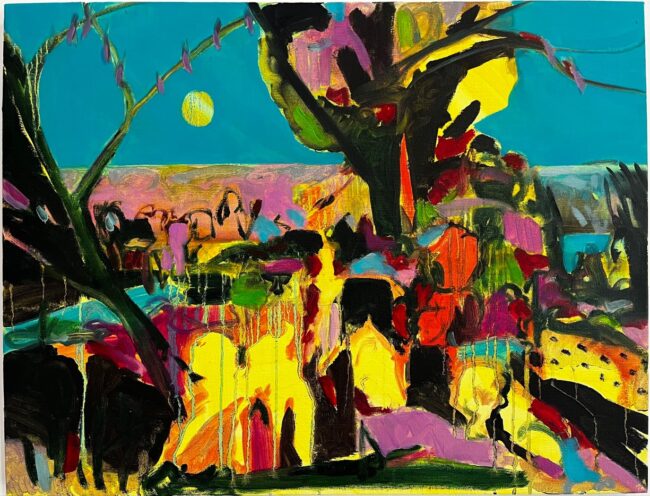 Serena Caulfield: con\verge | Saturday 29 July  – Friday 15 September 2023 | Garter Lane Arts Centre | Image: a painting in very strong colours, we seem to be looking at something like a marketplace in a very sunny location, with a tree in the centre and another to the left, with a jumble of shapes in the foreground, hints of people farther back, a possible wall or arid landscape, blue sky and a low sun or possibly yellow moon 