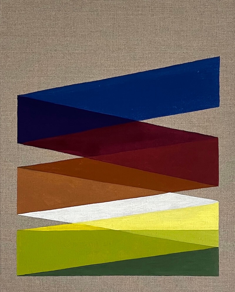 John Fitzsimons: Rise, oil on linen, 60 x 50cm | John Fitzsimons: The Theft of Time | Saturday 26 August  – Saturday 23 September 2023 | SO Fine Art Editions | Image: John Fitzsimons: Rise, oil on linen, 60 x 50cm –  wide slanting bands of pure, translucent colour cross back and forth on a background of (unprimed?) linen; the top band is dark blud, then dark red, then medium brown, then white then yellow, then greyish-green 