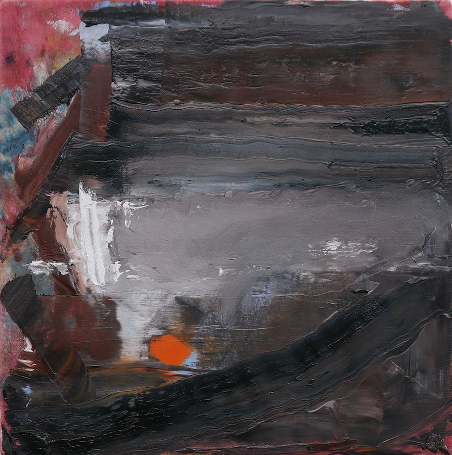 Eddie Kennedy: Altered State, Reveries, 2023, oil on canvas, 30 x 30 cm | Eddie Kennedy: Altered State | Thursday 21 September  – Saturday 21 October 2023 | Hillsboro Fine Art | Image: Eddie Kennedy: Altered State, Reveries, 2023, oil on canvas, 30 x 30 cm | heavily impastoed painting, mostly in dark, earthy colours; there is an orange spot towards bottom left that could just about be read as the sun on the horizon, with perhaps a rough sea in the foreground … though such an interpretation leaves much else unexplained 
