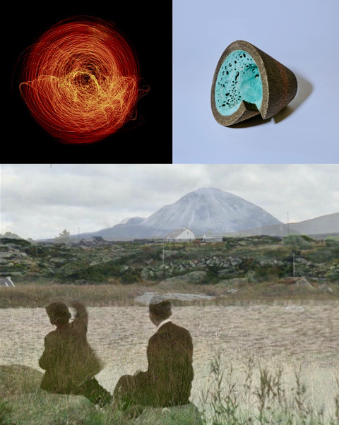 Works featuring in the Ambiguity exhibition by (clockwise from top left) Áine Sreenan, Bridget Hession and Rosemary Costello. | Ambiguity | Friday 22 September  – Thursday 28 September 2023 |  | Image: Works featuring in the Ambiguity exhibition by (clockwise from top left) Áine Sreenan, Bridget Hession and Rosemary Costello | three artworks, two in squares above, one in a rectangle below; the first looks like a time-lapse photo against black of a pinpoint of red-to-yellow light swirling about, mostly in a circular fashion, but occasionally chaotic; the second is a photo of what resembles a chocolate sweet with mint filling, on its side, sliced open … but this coudl equally be a sculpture in concrete + other material; the third looks very much like a relatively old photo superimposed on a Paul Henry-esque rendering of Mt Errigal 