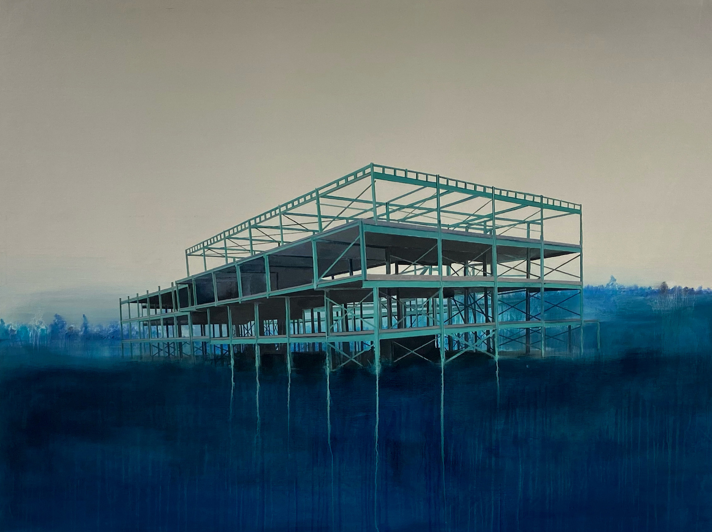 Pascal Ungerer, Earthbound, 2022, oil on canvas, 160 x 120cm | Pascal Ungerer: Speculative Artefacts | Saturday 16 September  – Saturday 21 October 2023 | Uillinn: West Cork Arts Centre | Image: Pascal Ungerer, Earthbound, 2022, oil on canvas, 160 x 120cm |  corner-on view of the steel-girder skeleton of a four-storey building; evidence too of concrete cross-slabs; the setting is ambiguous – the building appears to be in the water of a lake in a wooded region; the colour scheme is mostly intense blue, with muted turquoise for the girders and a brownish-grey sky 
