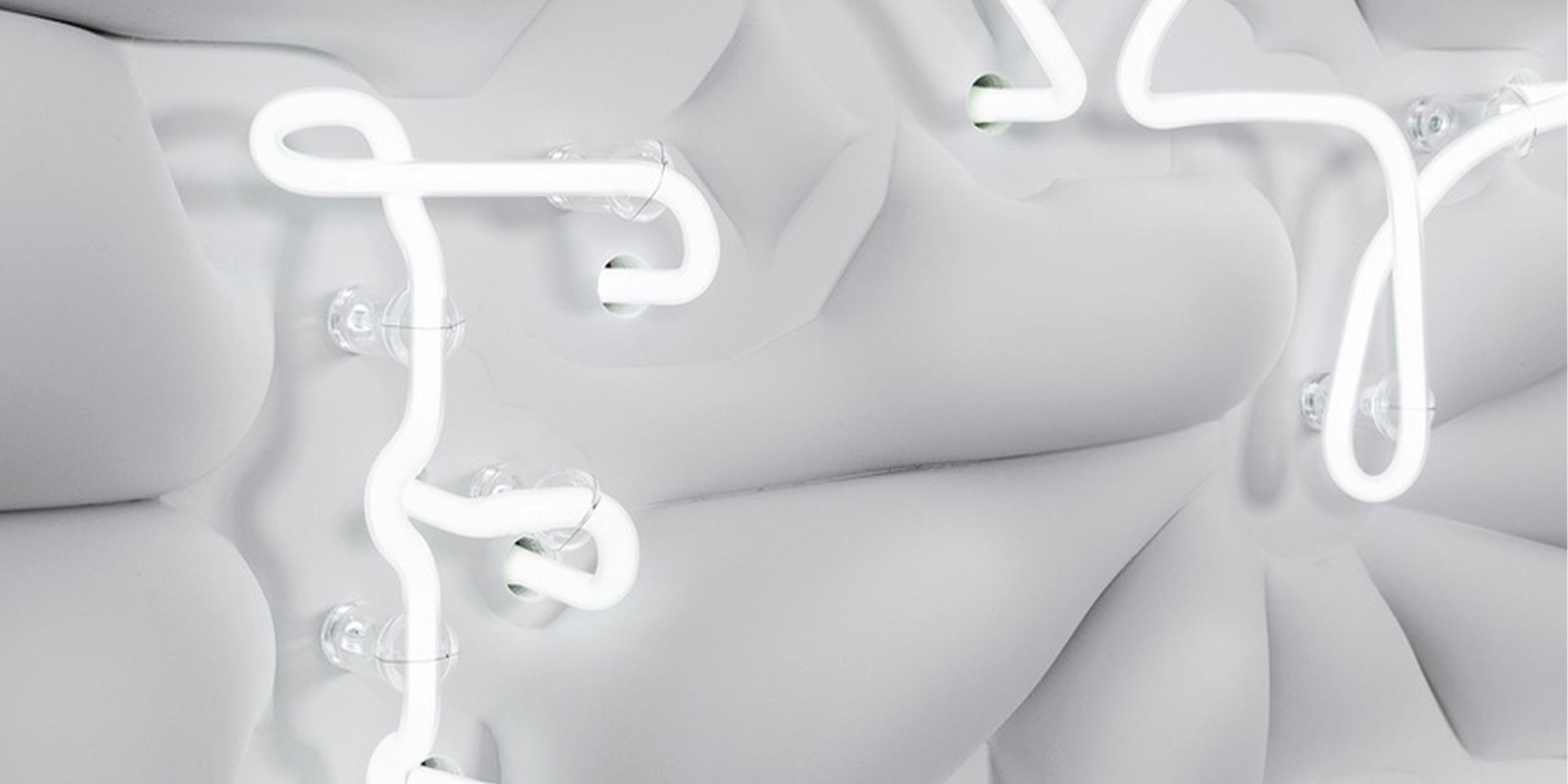 Haegue Yang: The Great Forgetfulness | Friday 22 September 2023  – Monday 23 September 2024 | National Sculpture Factory | Image: a close-up photo of twisting white neon whose tubes penetrate an undulating, somewhat organic-looking grey-white background / support 