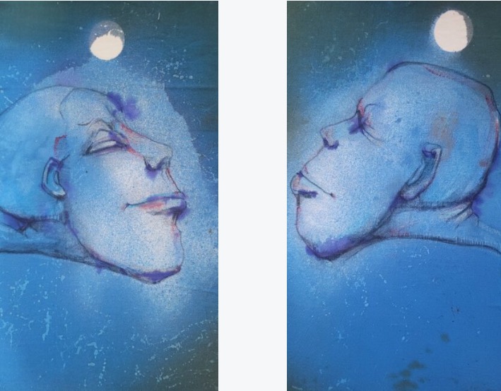Magda Karol: In Process | Friday 22 September  – Saturday 18 November 2023 | Garter Lane Arts Centre | Image: two separate images, probably painted; the overall colour is in each is blue with what may be a moon towards the top which is mostly white; in each artwork we see a single head of someone facing to the side, apparently contentedly asleep  | 
