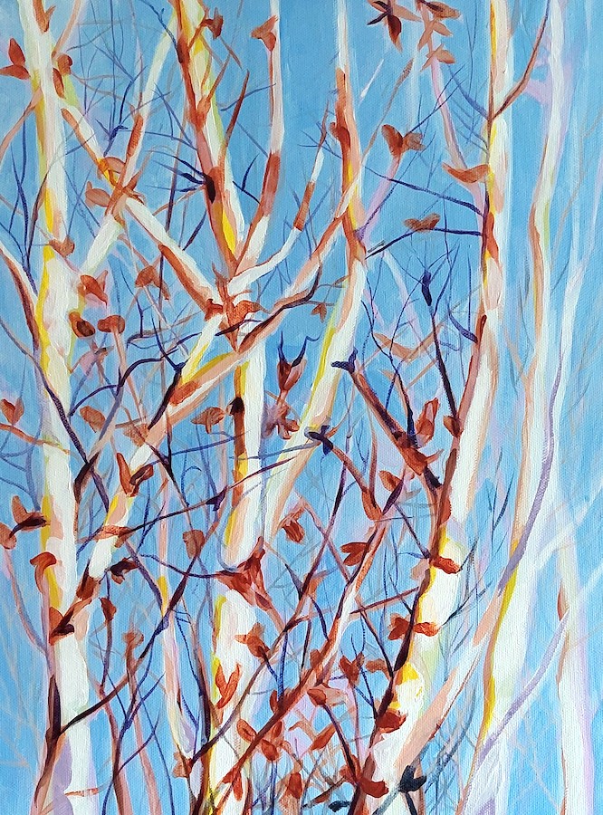 Lisa Murphy: Winter Sun, acrylic on canvas, 60 x 40 cm | Nature’s Way | Friday 22 September  – Friday 8 December 2023 | Toradh2 Gallery | Image: Lisa Murphy: Winter Sun, acrylic on canvas, 60 x 40 cm | we see white (larger) and dark (smaller) branches of a tree or trees against a bright-blue winter sky; the branches still have some leave, and they are reddish-brown; the paint is handled in a loose, flowing manner 