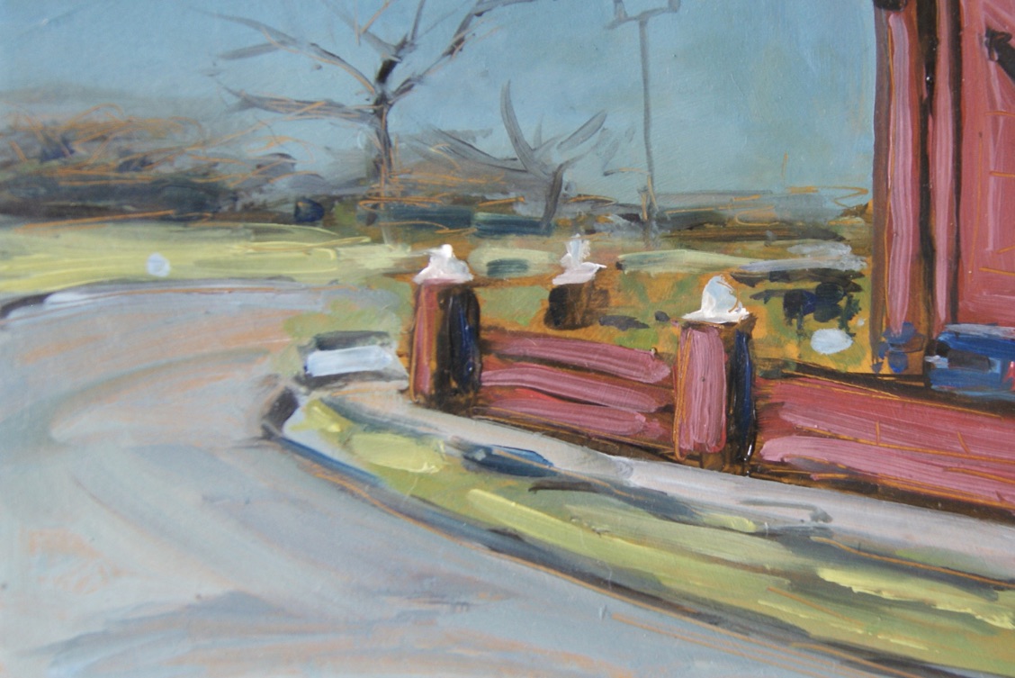 Carol O’Connor: the crescent | Carol O’Connor: Where I Walk | Friday 22 September  – Friday 17 November 2023 | Solstice Arts Centre | Image: Carol O’Connor: the crescent | painterly rendering in mostly pastel colours of a road that sweeps from the foreground to the left then curves immediately towards the right, around the pink wall of of a pink building; there is what looks like a field and bushes and winter trees in the distance against a blue-grey sky 